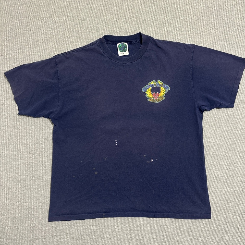 Vintage 90s Global Village Graphic T Shirt XL Navy Blue Peace Love USA Made